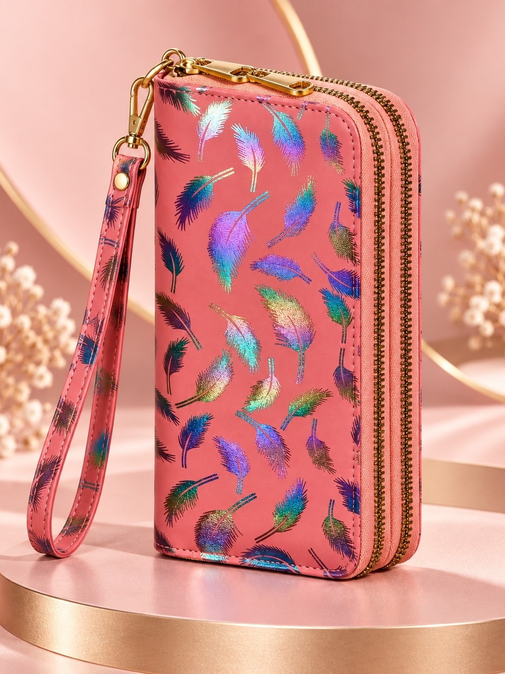 Pink Feather-Print Wristlet Wallet